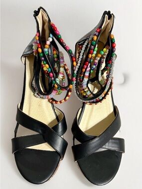 Getmorebeauty Women’s Black Beaded Ankle-Wrap platform multicolor wedge Sandals
